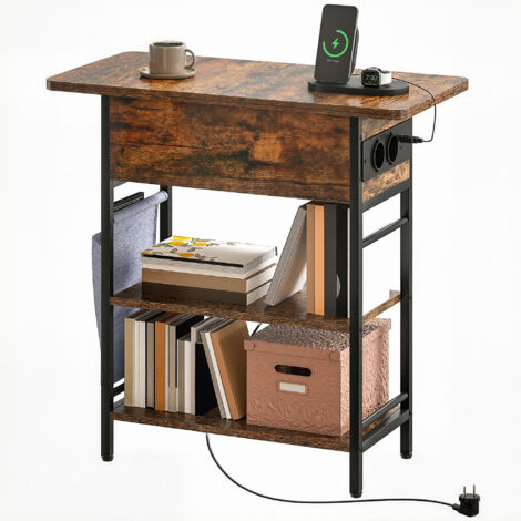 Table d'appoint/de chevet avec multiprise, 2 étagères, ports USB, espace de rangement, 60 x 29,8 x 58,5 cm, marron rustique