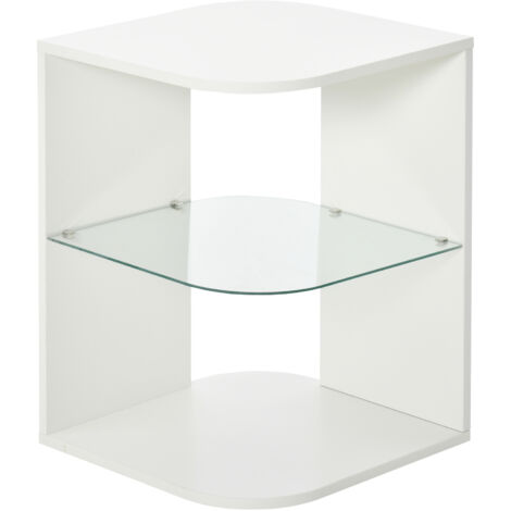 Table d'appoint/de chevet moderne HOMCOM avec 3 étagères, plateau en verre, convient au salon et à la chambre, dimensions : 40 x 40 x 56 cm, blanche