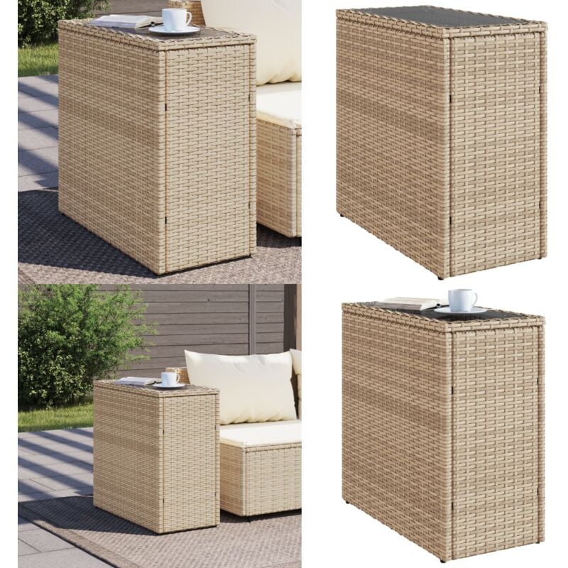 Table d'appoint de jardin avec dessus en verre beige rotin - Table D'appoint Jardin - Table Extérieure - Mobilier De Jardin - Table Patio - Table En