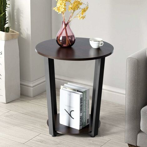 Table d'appoint  de style industriel moderne à 2 niveaux en bois, cadre en métal, pieds ajustables