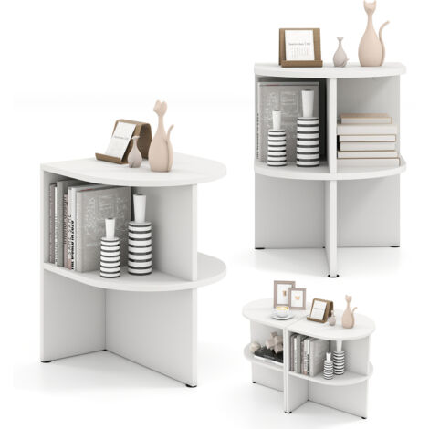 Table d'Appoint Demi-Ronde, Chevet de Lit Demi-Lune à 2 Niveaux, Étagères Ouvertes, Petite Table Basse, pour Chambre, 38 x 38 x 48,5CM, Blanc