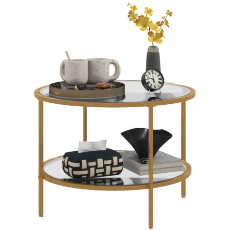 Table d'appoint, design moderne, 2 étagères, Ø60 x 43 H cm, finition dorée