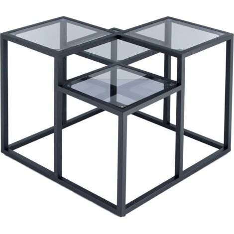 Table dappoint design noir en métal et verre à 4 plateaux - noir mat avec plateaux en verre transparent