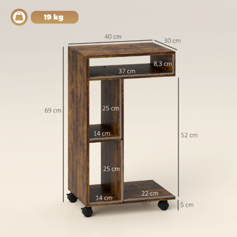 Table d'appoint, desserte en forme de C, 4 roues, 3 compartiments, 40 x 30 x 69 cm, brun rustique