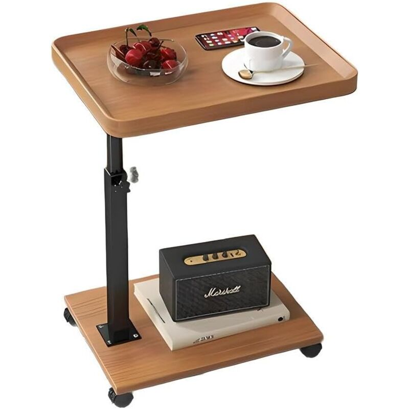 Ikodm - Table d'appoint en bois à 2 étages - Table basse en bois avec 4 roulettes (2 avec frein) - 40 x 30 x 45-80cm - Aspect bois - Table d'appoint