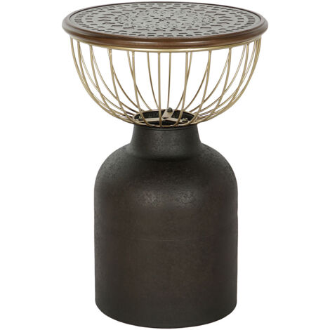 Table d'appoint en bois de sapin coloris marron et métal coloris noir, doré - diamètre 43,5 x Hauteur 63,50 cm