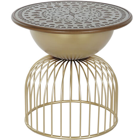Table d'appoint en bois de sapin coloris marron et métal doré - diamètre  55,5 x Hauteur 53 cm