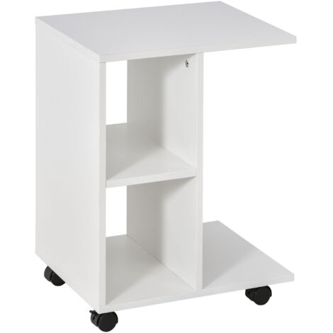 Table d'appoint en C avec 2 étagères ouvertes et 4 roulettes pivotantes, en MDF et PE, 45x35x58 cm, blanc