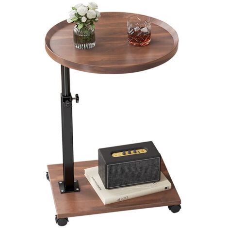 Table d'appoint en forme de C avec roulettes, table basse moderne réglable en hauteur, petite table d'appoint en bois rotative à 360°, table pour ordinateur portable, canapé, lit - Rond Noyer