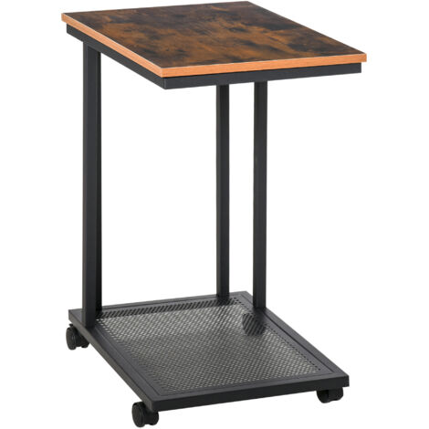 Table d'appoint  en forme de C, chariot à roulettes, desserte, table pour ordinateur portable, table basse, table de chevet, table de nuit avec structure en métal, design industriel, noir et finition 
