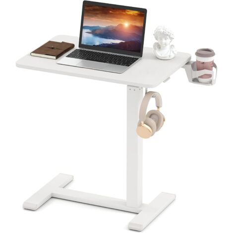 Table d'appoint en forme de C, réglable en hauteur, avec roulettes dissimulées, porte-gobelet, support pour ordinateur portable, pour salon (blanc)