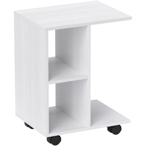 Table d'appoint en forme de C, table basse, bureau d'angle, sur roulettes, panneaux de particules E1, 45 x 35 x 58 cm, blanc