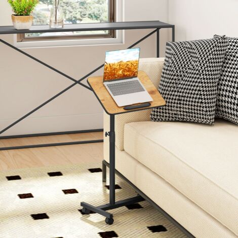 Table d'Appoint en Forme de C Table d'Appoint Réglable en Hauteur avec Plateau Inclinable Plateau Pivotant à 360° Marron