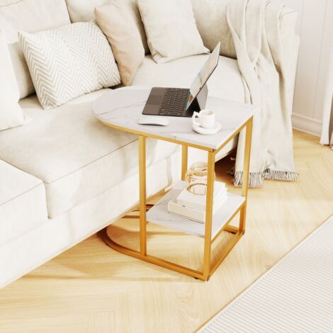 Table d'Appoint en Forme de C Table de Canapé Moderne avec Plateau en Faux Marbre et étagère de Rangement avec Cadre en Métal Blanc