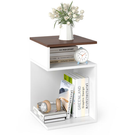 Table d'Appoint en Forme S, Bout de Canapé avec 2 Casiers Ouverts, 3 Étagères Design Géométrique Compacte, Blanc, pour Salon Chambre, Blanc+Noyer