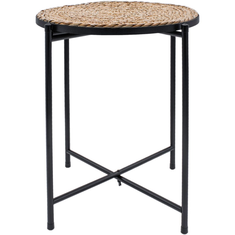 Table d'appoint en métal avec plateau en roseau - env. ø 38 x 45 cm - couleur : noir / naturel
