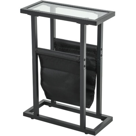 Table d'appoint en métal avec pochette en tissu et plateau en verre, table étroite pour salon ou chambre, noire