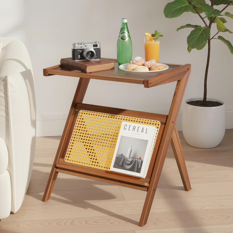 Table d'appoint en rotin –49×35×56 cm - Table d'appoint de rangement style bohème – Moderne, pour le salon et la chambre
