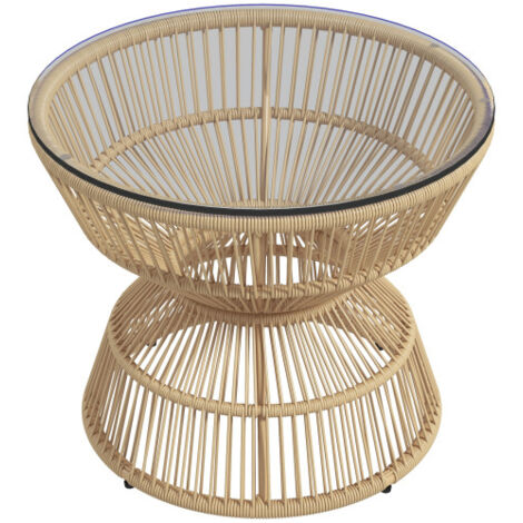 Table d'appoint en rotin Ø60 cm, table basse, table de jardin avec plateau en verre trempé de style bohème, table basse en bois naturel