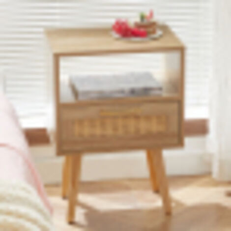 Table d'appoint en rotin avec tiroir et pieds en bois massif, aspect bois naturel, rangement pratique pour salon et chambre à coucher, design moderne et naturel - H55/B40/T30 cm