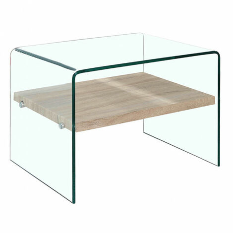 Table d'appoint en verre trempé et étagère décor chêne - ICE