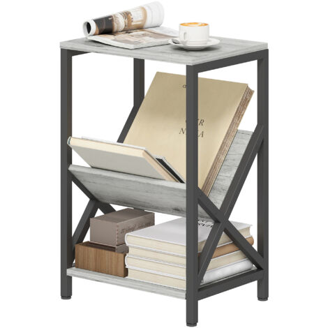 Table d'appoint étroite, bout de canapé rangement à 3 niveaux, porte-revues en V, cadre en acier, 40x30x61cm, gris foncé