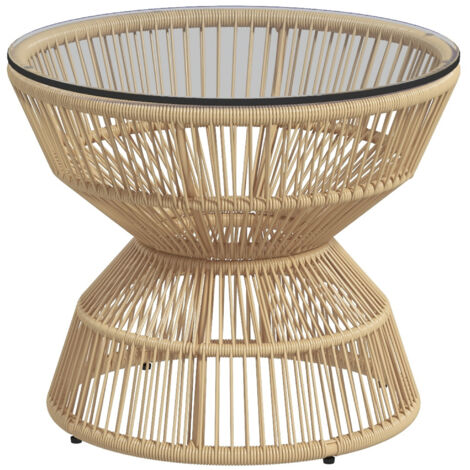 Table d'appoint extérieure en rotin PE, plateau en verre, 60x60x50 cm, couleur naturelle, pour jardin ou terrasse