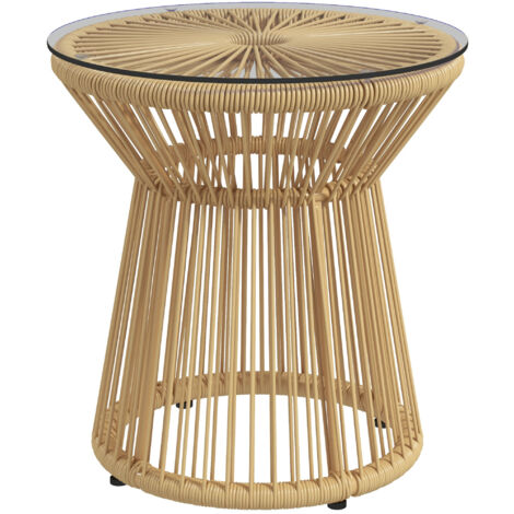 Table d'appoint extérieure en rotin PE, plateau en verre, table de jardin 40x40x42 cm beige