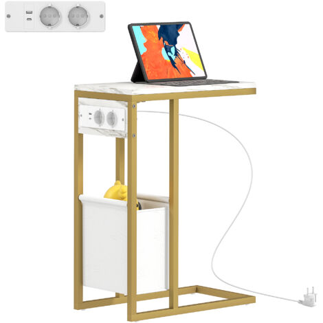 Table d'appoint forme C avec station de charge sac de rangement en tissu plateau aspect marbre, 46 x 25 x 62,5 cm, blanc