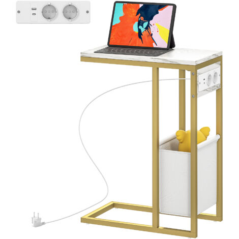 Table d'appoint forme C avec station de charge sac de rangement en tissu plateau aspect marbre, 46 x 25 x 62,5 cm, blanc