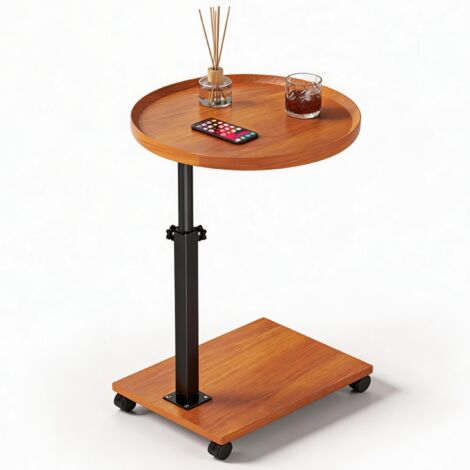 Table d'appoint forme C sur roulettes, hauteur réglable 45-80 cm, pivotante 360°, aspect bois, table canapé et chevet