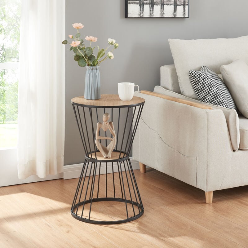 Table d'appoint Fossbergom avec plateau rond et étagère métal mdf 62 x 40 cm noir effet chêne [en.casa]