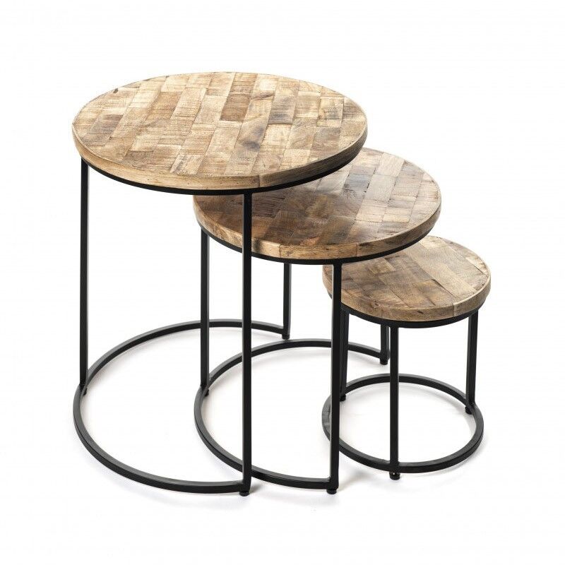 Price Factory - Table d'appoint gigogne ronde en bois massif collection OIKOS. Meuble style industriel - Marron