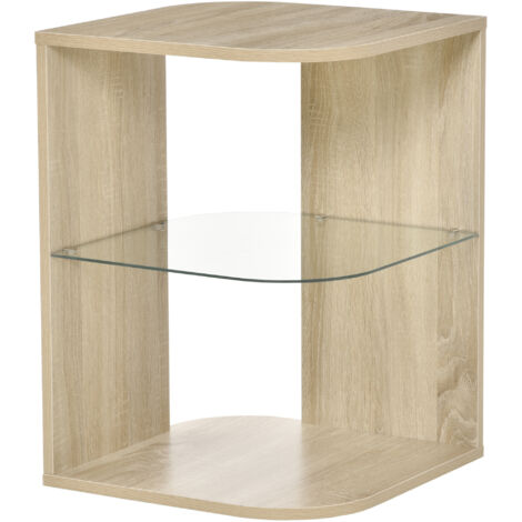 Table d'Appoint Guéridon Design Contemporain Bout de Canapé étagère Verre trempé Bois naturel