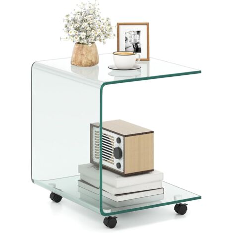 Table d'appoint incurvée en verre trempé, petite table basse moderne, table de chevet pour salon, chambre, max. 30 kg, 45 x 45 x 41 cm (avec roulettes, transparente)