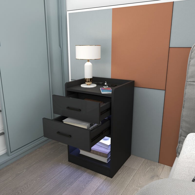 Table d'Appoint led & Chevet Moderne – 2 Tiroirs, 2 Prises + 2 Ports usb en mdf – Noir 35x40x65cm
