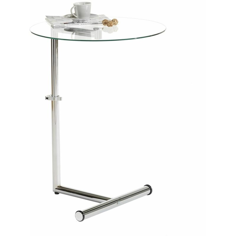 Idimex - Table d'appoint leonie bout de canapé rond table à café table basse hauteur réglable, en métal chromé et verre trempé transparent