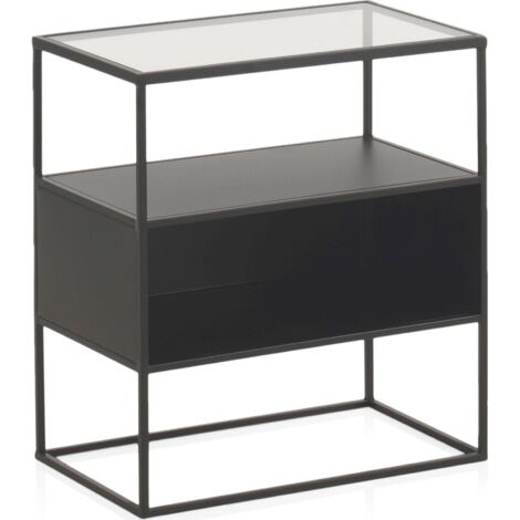 Table d'appoint métal noir et verre pour salon moderne - noir mat et verre transparent