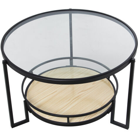 Table d'Appoint Métal Noir/Verre Transparent. +Etagère Bois °70X45 Cm