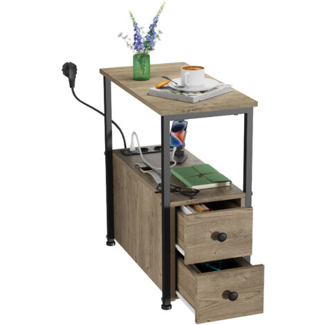 Table d'Appoint & Meuble Entrée Style Industriel – 2 Tiroirs + Étagère avec 2 Prises/USB – Organisation Multifonction 30x60x61cm
