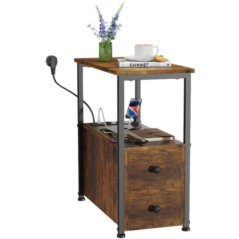 Table d'Appoint & Meuble Entrée Style Industriel – 2 Tiroirs + Étagère avec 2 Prises/USB – Organisation Multifonction 30x60x61cm