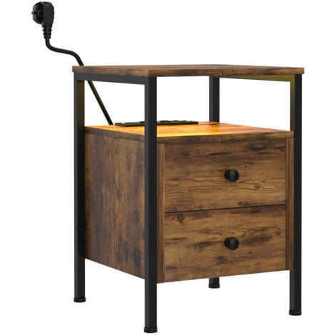 Table d'Appoint & Meuble Entrée Style Industriel – 2 Tiroirs + Étagère avec 2 Prises/USB – Organisation Multifonction 40x40x61cm