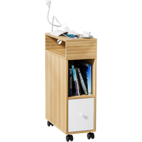 Table d'Appoint Mobile avec Prise & USB - 2 Étagères + Tiroir, Panneau de Particules Renforcé (25x50x77cm) - Multifonction pour Salon/Chambre/Bureau - Design Industriel & Gain de Place