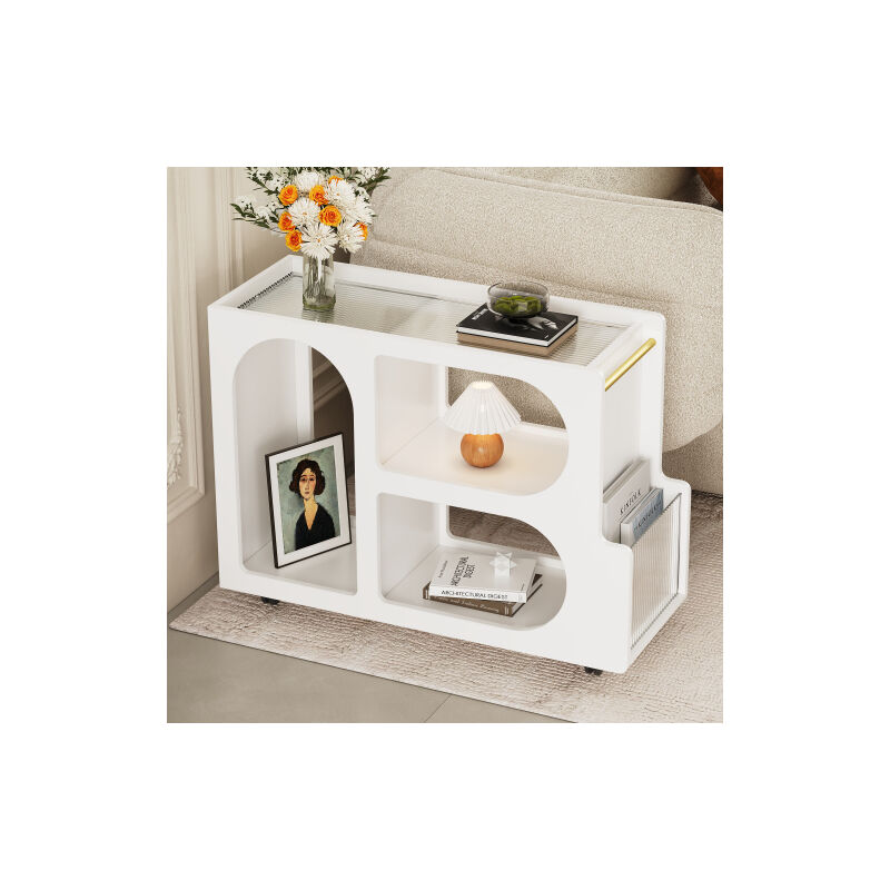 Table d'appoint mobile avec roues verrouillables, table basse étroite avec verre trempé ondulé de 5 mm d'épaisseur, table de chevet moderne avec