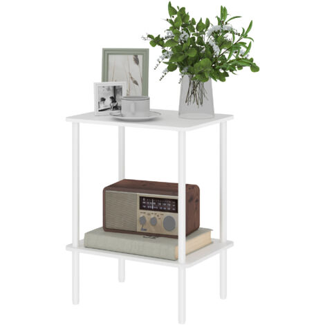 Table d'appoint moderne à deux niveaux avec compartiment de rangement et structure en métal, blanche, idéale pour le salon ou la chambre.