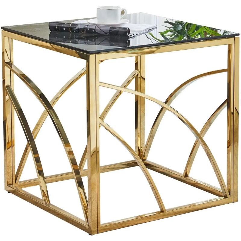 Table basse carrée moderne en verre trempé de 8 mm avec cadre doré - acier inoxydable plaqué or - design minimaliste et multifonction - 55x55x55 cm