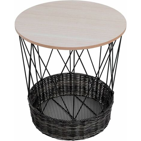 Table d'appoint moderne en métal - Table d'appoint compacte avec panier de rangement en fil de fer - Table ronde amovible - Table basse pour salon, chambre à coucher
