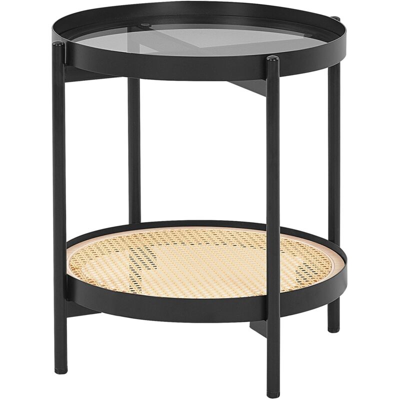 Table d'Appoint Moderne Plateau en Verre Cadre Rond en Métal Etagère Tresse Viennoise Bois Clair Noir Reno