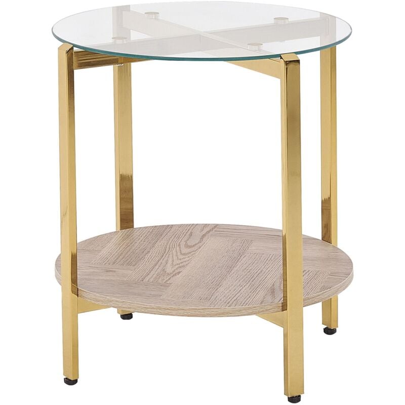 Table d'Appoint Moderne Plateau Rond en Verre Trempé et Étagère Bois Clair et Cadre Métallique Doré Lovell