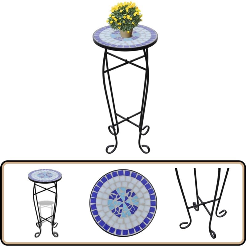 Table d'appoint Mosaïque Bleu et blanc - Table Basse - Table D'appoint - Décoration Jardin - Mobilier Extérieur - Table Plante
